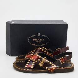 Prada Two Tone Leather Studded Criss Cross Flat Sandals Size 44.5