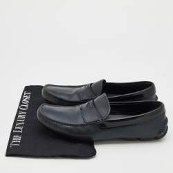 Pre Owned Prada Blue/Black Leather Logo Embellished Slip On Loafers Size 40
