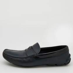Pre Owned Prada Blue/Black Leather Logo Embellished Slip On Loafers Size 40