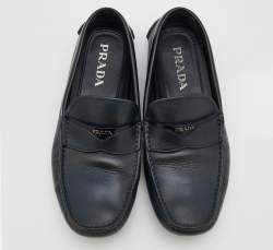 Pre Owned Prada Blue/Black Leather Logo Embellished Slip On Loafers Size 40