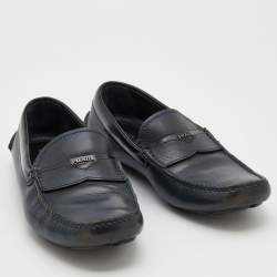 Pre Owned Prada Blue/Black Leather Logo Embellished Slip On Loafers Size 40