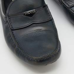 Pre Owned Prada Blue/Black Leather Logo Embellished Slip On Loafers Size 40