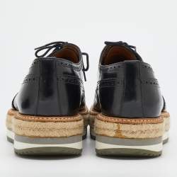 Prada Black Brogue Leather Wingtip Espadrille Platform Derby Size 45
