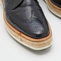 Prada Black Brogue Leather Wingtip Espadrille Platform Derby Size 45