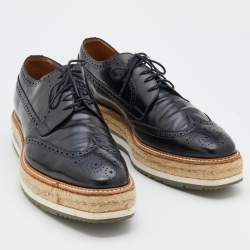 Prada Black Brogue Leather Wingtip Espadrille Platform Derby Size 45