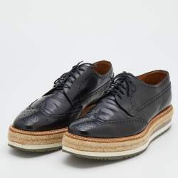 Prada Black Brogue Leather Wingtip Espadrille Platform Derby Size 45