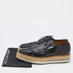 Prada Black Brogue Leather Wingtip Espadrille Platform Derby Size 45