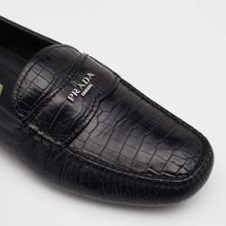 Prada Black Croc Embossed Leather Penny Slip On Loafers Size 39.5