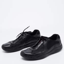 Pre Owned Prada Black Leather And Knit Fabric Low Top Sneakers Size 45
