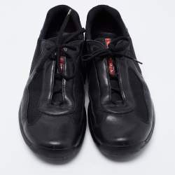 Pre Owned Prada Black Leather And Knit Fabric Low Top Sneakers Size 45