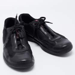 Pre Owned Prada Black Leather And Knit Fabric Low Top Sneakers Size 45