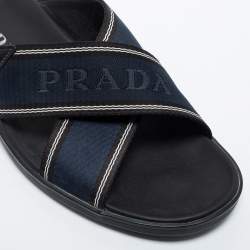 Prada Blue/Black Leather And Canvas Criss Cross Flat Slide Sandals Size 43