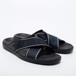 Prada Blue/Black Leather And Canvas Criss Cross Flat Slide Sandals Size 43