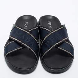 Prada Blue/Black Leather And Canvas Criss Cross Flat Slide Sandals Size 43