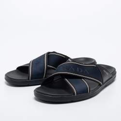 Prada Blue/Black Leather And Canvas Criss Cross Flat Slide Sandals Size 43