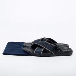 Prada Blue/Black Leather And Canvas Criss Cross Flat Slide Sandals Size 43