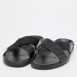 Prada Black leather and Nylon Crisscross Flat Slides Size 43