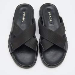 Prada Black leather and Nylon Crisscross Flat Slides Size 43