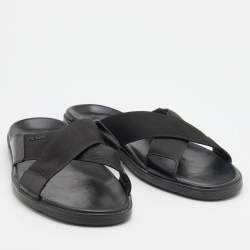 Prada Black leather and Nylon Crisscross Flat Slides Size 43
