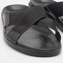 Prada Black leather and Nylon Crisscross Flat Slides Size 43