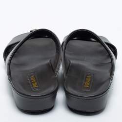 Prada Dark Grey Leather Buckle Slide Flat Sandals Size 44