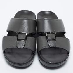 Prada Dark Grey Leather Buckle Slide Flat Sandals Size 44