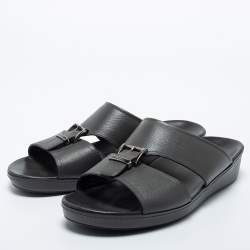 Prada Dark Grey Leather Buckle Slide Flat Sandals Size 44