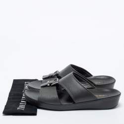 Prada Dark Grey Leather Buckle Slide Flat Sandals Size 44