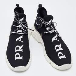 Pre Owned Prada Black Knit Fabric Logo Low Top Sneakers Size 43.5