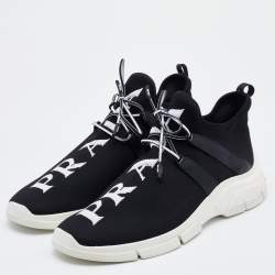Pre Owned Prada Black Knit Fabric Logo Low Top Sneakers Size 43.5