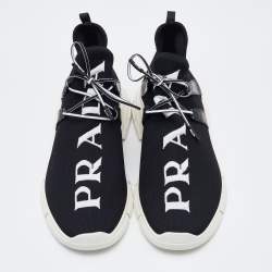 Pre Owned Prada Black Knit Fabric Logo Low Top Sneakers Size 43.5