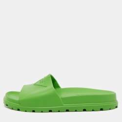 Prada Green Rubber Logo Printed Flat Slides Size 41