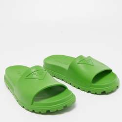 Prada Green Rubber Logo Printed Flat Slides Size 41