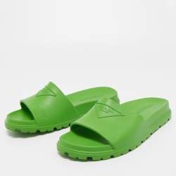 Prada Green Rubber Logo Printed Flat Slides Size 41