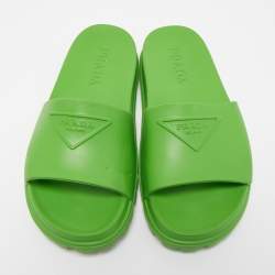 Prada Green Rubber Logo Printed Flat Slides Size 41