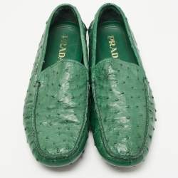 Prada Green Ostrich Leather Slip on Loafers Size 41