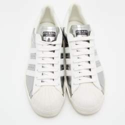 Pre Owned Prada x Adidas White/Silver Leather Superstar Low Top Sneakers Size 39 1/3