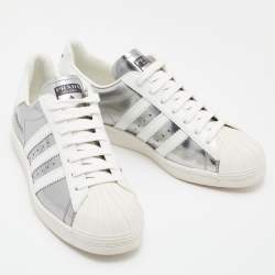 Pre Owned Prada x Adidas White/Silver Leather Superstar Low Top Sneakers Size 39 1/3