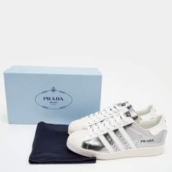 Pre Owned Prada x Adidas White/Silver Leather Superstar Low Top Sneakers Size 39 1/3