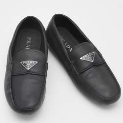 Pre Owned Prada Black Leather Logo Slip On Loafers Size 42