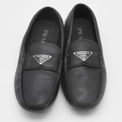 Pre Owned Prada Black Leather Logo Slip On Loafers Size 42