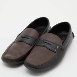 Prada Black/Brown Saffiano Leather Driving Slip On Loafers Size 45