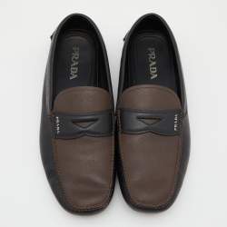 Prada Black/Brown Saffiano Leather Driving Slip On Loafers Size 45