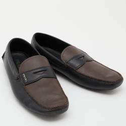 Prada Black/Brown Saffiano Leather Driving Slip On Loafers Size 45