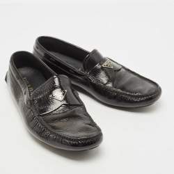 Prada Black Patent Leather Logo Slip On Loafers Size 41.5