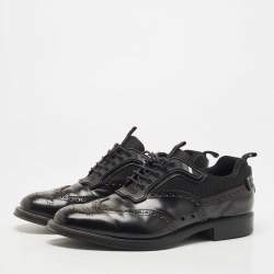 Prada Black Brogue Leather and Mesh Lace Up Oxfords Size 41.5