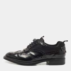 Prada Black Brogue Leather and Mesh Lace Up Oxfords Size 41.5