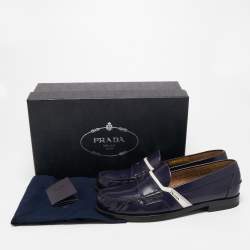 Prada Blue/White Leather Slip on Loafers Size 42.5