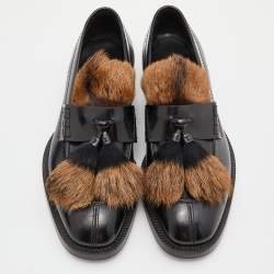 Prada Black Leather and Calf Hair Tassel Slip on Loafers Size 42.5