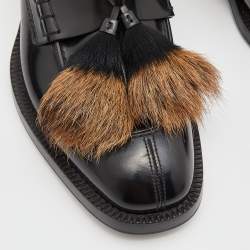 Prada Black Leather and Calf Hair Tassel Slip on Loafers Size 42.5